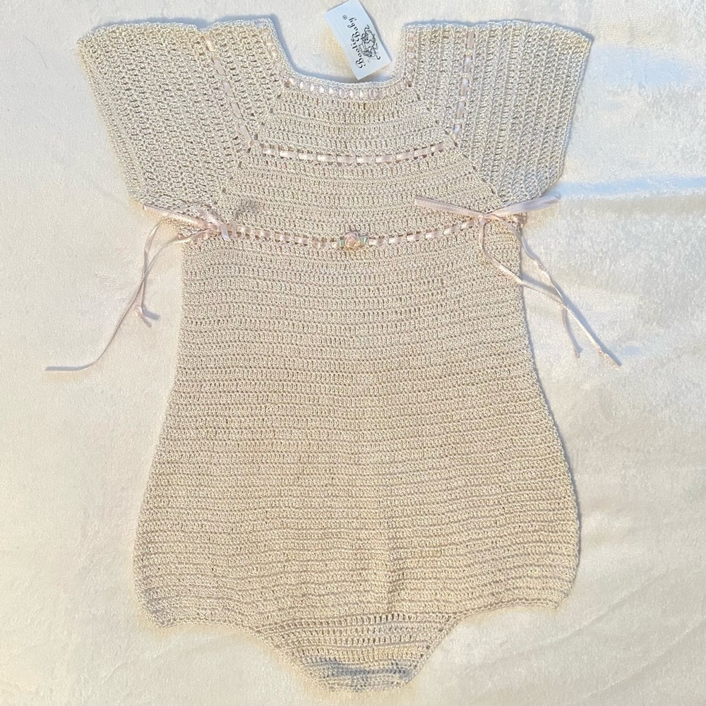SOLD. Vintage Bootie Baby Crochet Knit Delicate Ivory Bodysuit Pink Ribbon F
